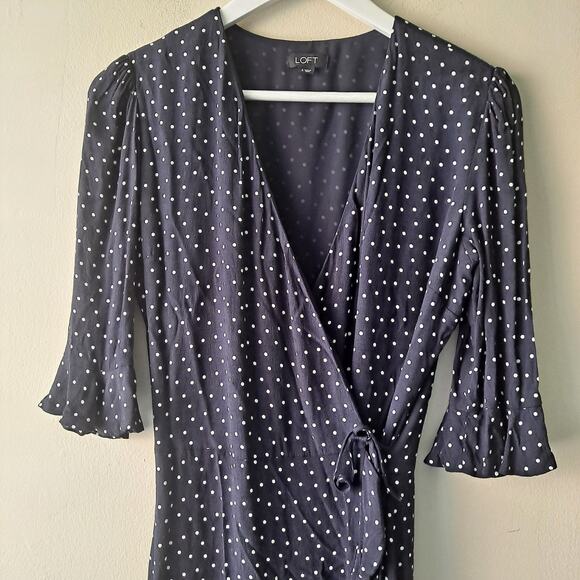 Loft Navy Blue Polka Dotted Short Bell Sleeve Ruffle Wrap Romper Dress - Size 2 - Picture 6 of 13